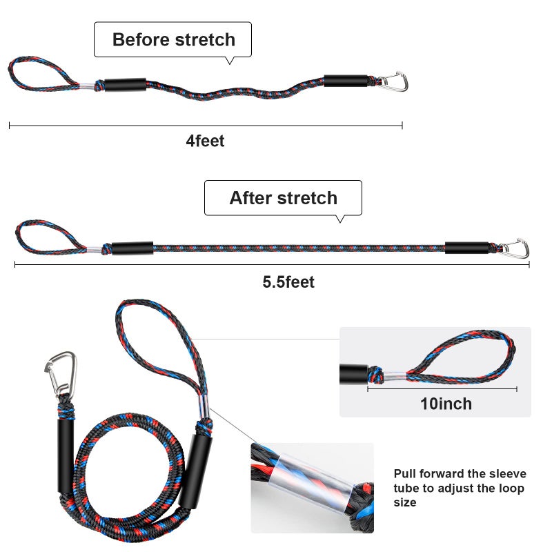 Botepon Boat Bungee Dock Lines with 316 Stainless Clips - Shock-Absorbing Jet Ski Dock Line, PWC Accessories, Boat Mooring Line/Tie Downs for Bass Boat, Fishing Pontoon, Dinghy - 4Feet - Image 2